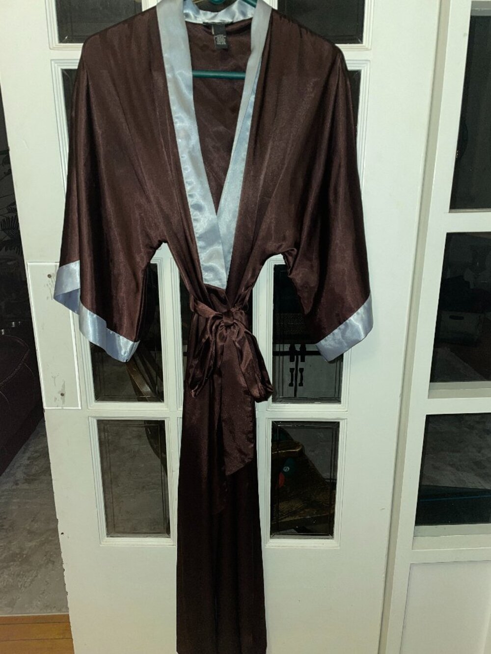 Jones New York L/XL Brown Silver Satin Kimono Robe Belted Lounge Wrap Pockets
